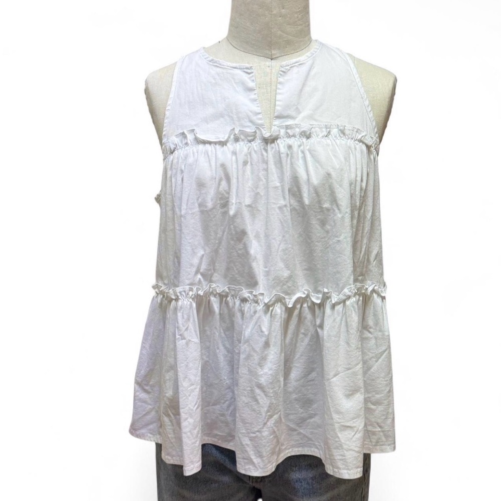 White Cotton Sleeveless Ruffled Tiered Babydoll Top - Women